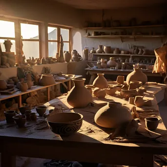 Dramatic shadows on drying clay pots in artist workspace - Image 2