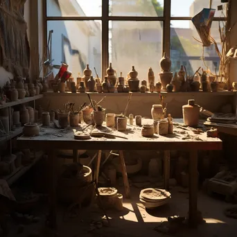 Dramatic shadows on drying clay pots in artist workspace - Image 3