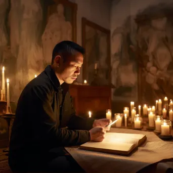 Man with broad shoulders reading poetry in a candlelit room - Image 1