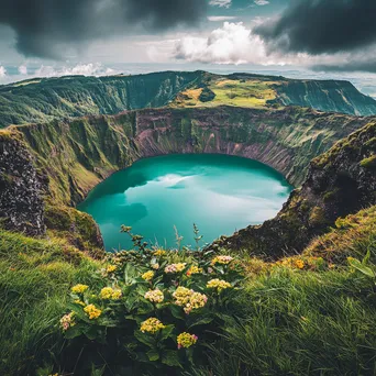 View of a turquoise lake within a volcanic caldera surrounded by cliffs - Image 2