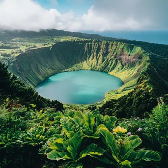 View of a turquoise lake within a volcanic caldera surrounded by cliffs - Image 4