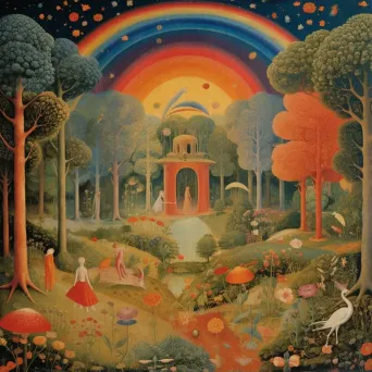 Mythical garden with colorful mushrooms and flower trees - Image 1