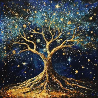 Surreal tree of life made of constellations, with each branch, leaf, and trunk formed by connecting stars - Image 1