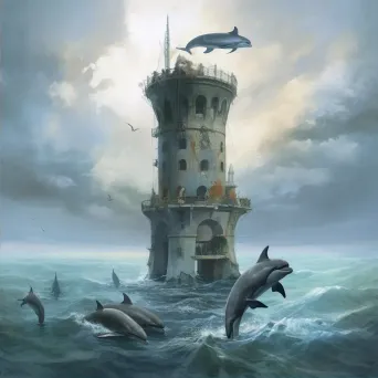 Pod of dolphins playing around submerged lighthouse in ocean - Image 2