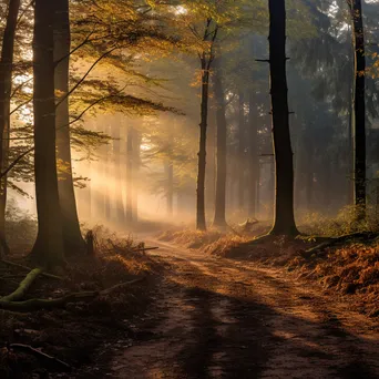 Misty woodland clearing at dawn with fallen leaves and soft light. - Image 3