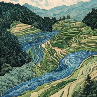 Harmonious patterns of rice terraces viewed from above, rendered in Japanese woodblock print style - Image 3