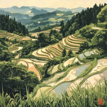 Harmonious patterns of rice terraces viewed from above, rendered in Japanese woodblock print style - Image 4