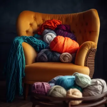 Top-down view of vibrant yarn skeins and knitting needles on an armchair - Image 1