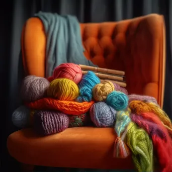 Top-down view of vibrant yarn skeins and knitting needles on an armchair - Image 2