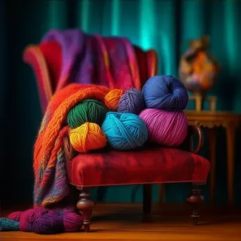 Top-down view of vibrant yarn skeins and knitting needles on an armchair - Image 4