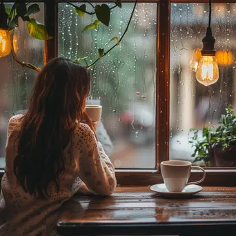 A woman drinking tea while looking out at a rainy café window. - Image 1