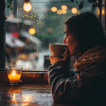 A woman drinking tea while looking out at a rainy café window. - Image 3