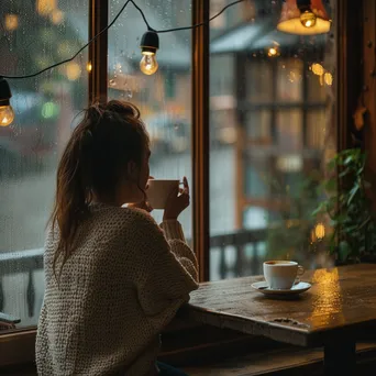 A woman drinking tea while looking out at a rainy café window. - Image 4