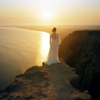 Woman in white dress standing at edge of cliff looking at sunset - Image 4