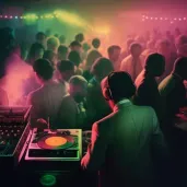 DJ mixing tracks in a neon-lit club with a dancing crowd - Image 4