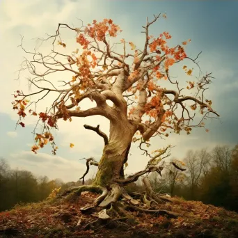 Artistic representation of an old tree shedding leaves, symbolizing transition and renewal - Image 4