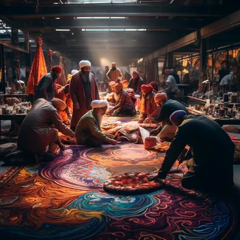 Artisans collaborating on weaving a large carpet. - Image 1