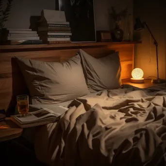 Top view of a cozy bedroom with bedding, pillows, and book on a nightstand - Image 1