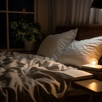 Top view of a cozy bedroom with bedding, pillows, and book on a nightstand - Image 4