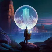 Image of an aged prophet standing on a rocky cliff with a glowing crystal orb showing a futuristic city - Image 2