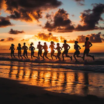 Silhouette of friends running along the beach during sunset - Image 1