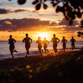 Silhouette of friends running along the beach during sunset - Image 3