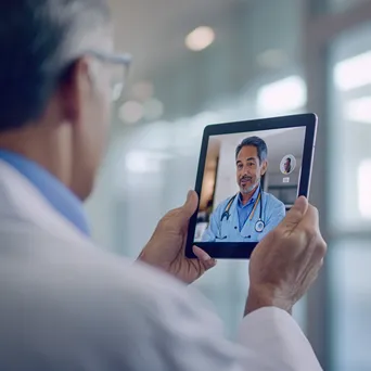 Doctor on video call reviewing tablet data - Image 1