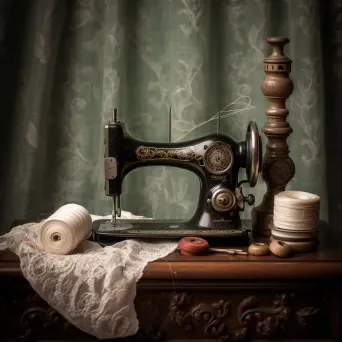 Vintage sewing machine with spools of thread, antique scissors on lace fabric - Image 1