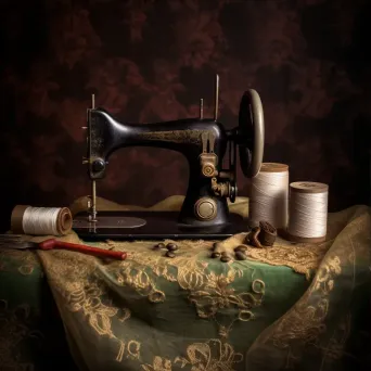 Vintage sewing machine with spools of thread, antique scissors on lace fabric - Image 3