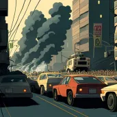 Traffic jam in a city with rows of vehicles emitting fumes - Image 3