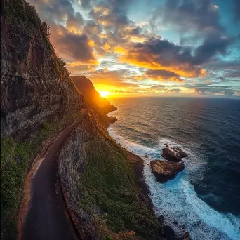 Mountain pass along cliff edge with sunset and ocean - Image 1