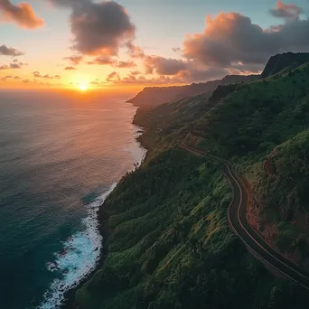 Mountain pass along cliff edge with sunset and ocean - Image 3