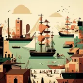 Port city from the golden age of exploration with merchant ships and exotic goods - Image 3