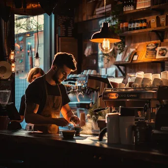 A barista skillfully making coffee while a customer waits. - Image 1