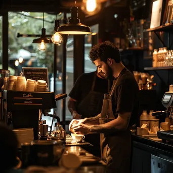 A barista skillfully making coffee while a customer waits. - Image 2