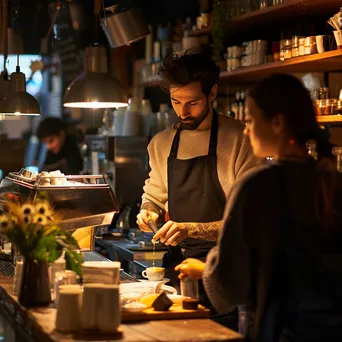 A barista skillfully making coffee while a customer waits. - Image 3