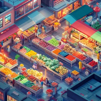 Low poly isometric view of a vibrant food market bustling with activity - Image 2