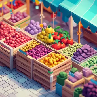 Low poly isometric view of a vibrant food market bustling with activity - Image 3