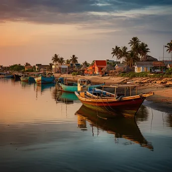 Fishing village with colorful thatched roofs at dusk - Image 1