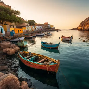 Fishing village with colorful thatched roofs at dusk - Image 3