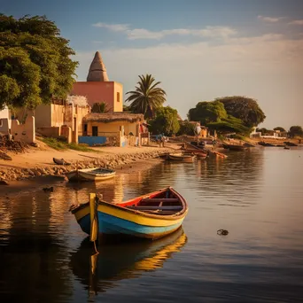 Fishing Village with Thatched Roofs at Dusk