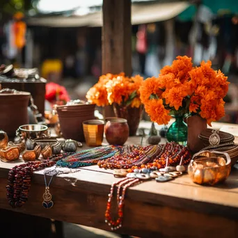 Handcrafted copper jewelry at a market with colorful fabrics - Image 1