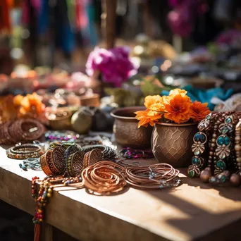 Handcrafted copper jewelry at a market with colorful fabrics - Image 2