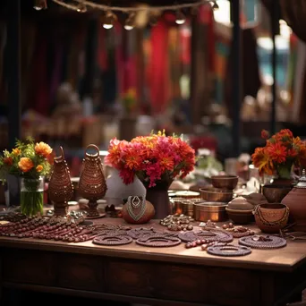 Handcrafted copper jewelry at a market with colorful fabrics - Image 3