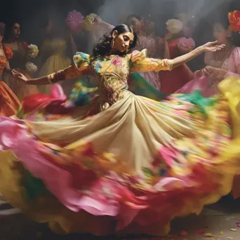 Colorful costumes and exuberant choreography in a Bollywood dance scene - Image 1