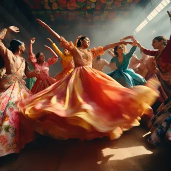 Colorful costumes and exuberant choreography in a Bollywood dance scene - Image 2