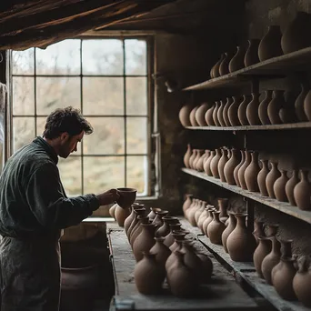 Craftsman checking drying clay vases in a workshop - Image 2