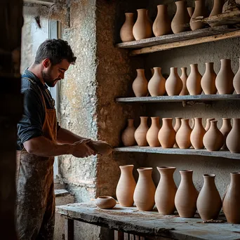 Craftsman checking drying clay vases in a workshop - Image 3