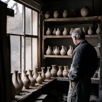 Craftsman checking drying clay vases in a workshop - Image 4