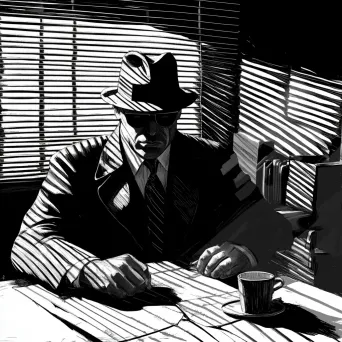 Line art drawing of a classic film noir detective in his office - Image 1